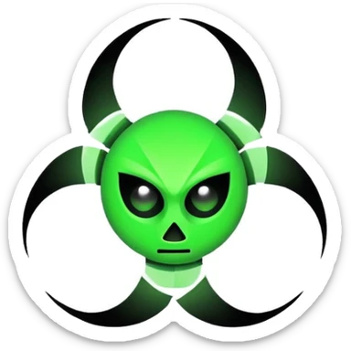 Minimalist emoji-style sticker of a fractured biohazard symbol with a small eye in the center. Stylized, geometric, no text.
 sticker