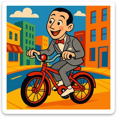 Pee-wee Herman riding a red bicycle, joyful expression, city background, vibrant toon style sticker