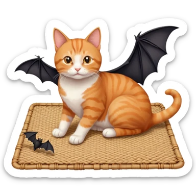 cat sitting on a mat with two bats flying nearby sticker