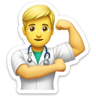 young male doctor flexing one of his biceps, yellow skin, using 2 colors: #ff9800 and #32b5a5 sticker