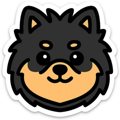 fluffy black and tan Pomeranian dog face, large round eyes, black button nose, tan muzzle, tan eyebrow spots, thick fluffy fur, upright tousled ears, friendly and cute sticker