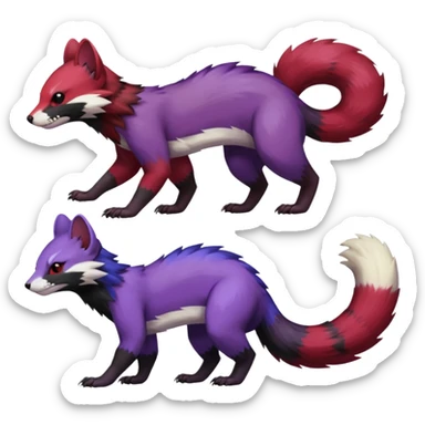 Purple, red, black Trico-Sergal-Furret-Ferret-Wolverine-Vernid-fusion-Fakemon-animal-hybrid-creature, full body sticker