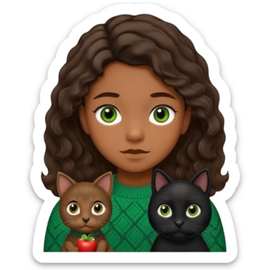 kid with vintage sweater, brown eyes, flat brown hair, with black dog with wavy hair and black eyes, and black cat with straight hair and green eyes in Apple emoji style sticker