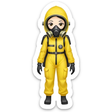 Sticker of a girl with straight black hair, wearing a yellow hazmat suit and a gas mask. Serious atmosphere, cartoon style, radiation danger background. sticker