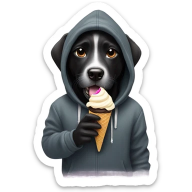Black dog eating ice cream in a hoodie sticker