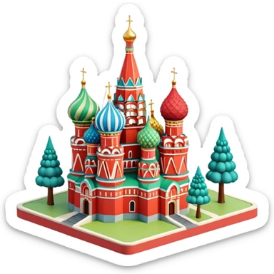 Isometric illustration of Moscow, featuring Saint Basil's Cathedral with its colorful onion domes, Red Square elements, and toy-like trees around, in miniature diorama style, soft shadows and pastel colors. sticker