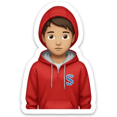 make me an emoji of an americain 19 yearold boy in a red hoodie that says "south" on it and give him with tan skin with his hands in his hands in his pocket not grining flexing his muscles sticker
