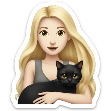 pretty woman with pale skin, very long blonde hair  hugging a black cat sticker