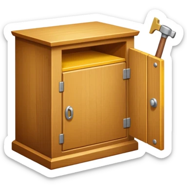 Compact emoji-style icon showing a small wooden cabinet with one door slightly open, a hammer resting beside it, and a plank of wood leaning in the background. Light brown wood tones, silver hammer head, yellow handle. Soft shadows, clean glossy look.  sticker