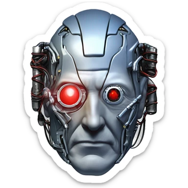 Jean luc picard from Star Trek assimilated by the Borg, with mechanical metal covering the left side of his face, with wires and a red light on the left side. His eyes are blue sticker
