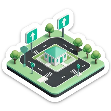 Domanilité Publique (Public Domain), 3D techy icon with black and mint green (#B5F4D3) color scheme, public land with property markers sticker