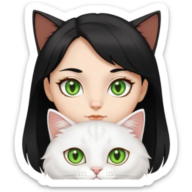 A white jinjila green eyes cat , and a black hair brown eyes girl sticker