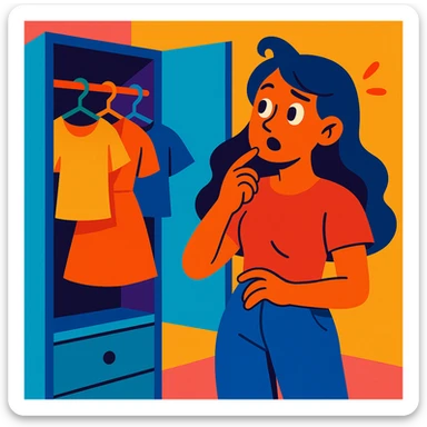 girl deciding what to wear, looking at a closet, expressive, modern illustration, vibrant toon style, colorful, playful sticker