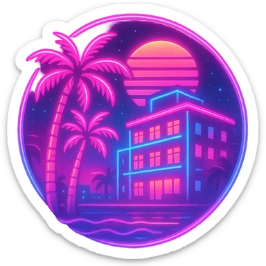80s Vice City inspired icon with neon pink and blue colors, palm trees, retro Miami vibe, glowing lights, no text, vibrant and retro style sticker