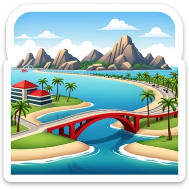 advanced modern island with advanced infrastructure, parks, contemporary architecture, beaches with palm trees, and a red bridge on one side sticker