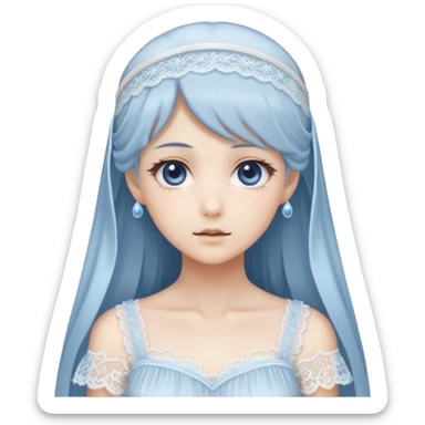 Beautiful ethereal pastel transparent translucent Gorgeous spectral dark greyish-blue whitish gloomy spectral Anime Poltergeist Lady  with a beautiful white silky lace dress with a silky lace head band sticker