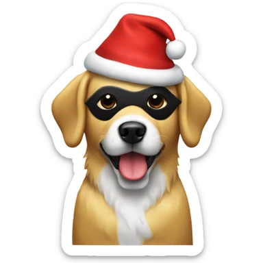 A golden dog with a black mask wearing a Santa hat eating a treat sticker