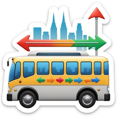 sleek side-profile bus and three colorful arrows leading to city symbols, Apple emoji style sticker