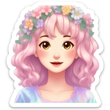 Gorgeous Shiny Colorful Pastel Anime Mature Lady with blushing face and pretty hair with a flower crown pastelcore kawaii cottagecore fairycore aesthetic trending style sticker