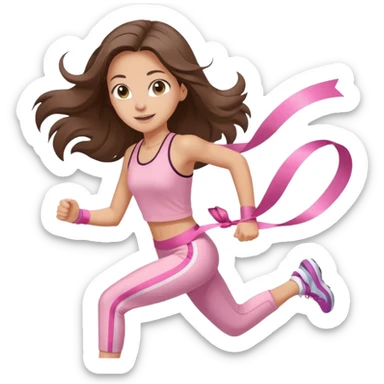 white happy brunette teen long hair with hazel eyes in light pink workout clothes jogging and breaking a ribbon race finish line sticker