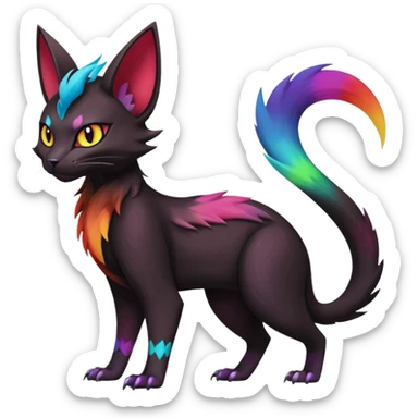 Black with rainbow-markings edgy Noivern-Noibat-Purloin-Torracat-Lykoi-Caracal-cat-Fakemon-fusion-hybrid-creature sticker