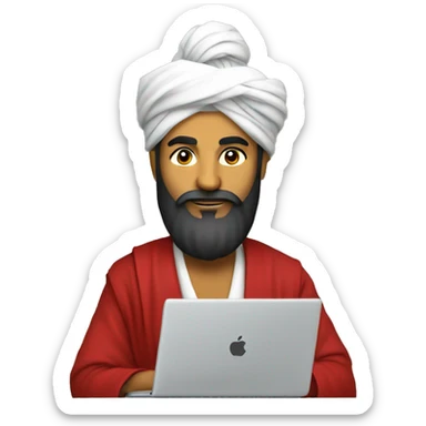 A caliph with turban and red clothes writing in a laptop sticker