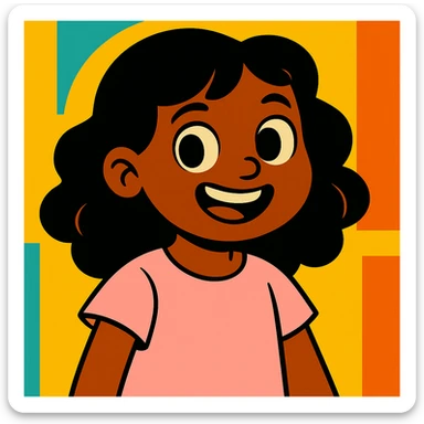 Make the black wavy hair arm length, keep the brown girl and cute light pink shirt, vibrant cartoon style sticker