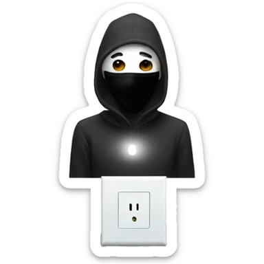 Person with black full face mask and a light switch  sticker