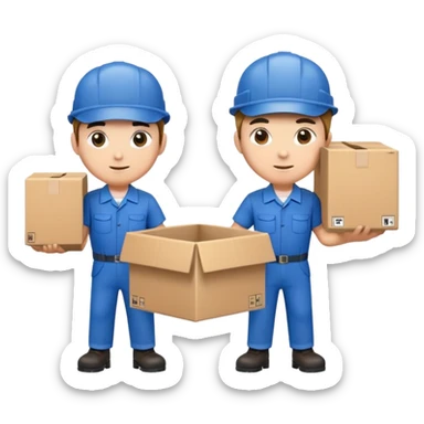 two workers in blue work uniforms and caps carrying a large box, alternate expression sticker