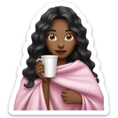 A beautiful and also cute woman with wavy black hair and blue eyes, we can see her white top under the pink blanket on her shoulders she is holding a cup off coffe with her both hands sticker