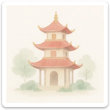 soft watercolor illustration in a minimalist modern style of a traditional Vietnamese pagoda with multiple tiered roofs, red and gold colors, ornate decorations, peaceful garden setting, pastel colors, delicate linework, gentle whimsical mood, minimal soft shading sticker