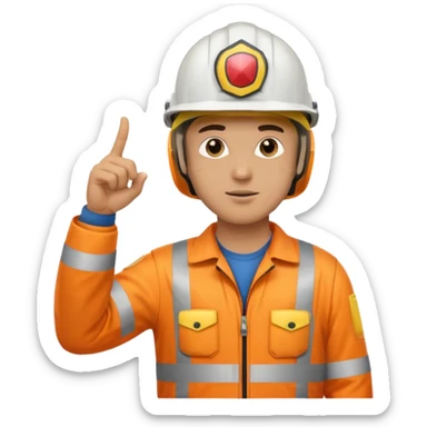 a guy wearing safety outfit with helmet standing and pointing finger to 3 oclock direction sticker