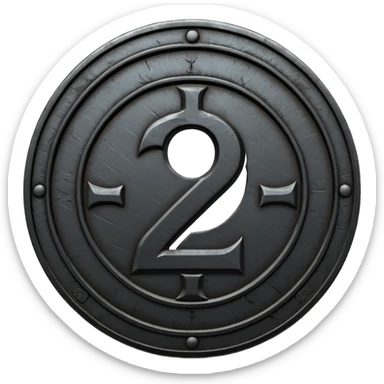 Minimal emoji, gothic metal coin made of black steel, engraved number 2 at the center, ancient industrial aesthetic, worn metal texture, no glow, no neon, flat emoji design, centered, transparent background sticker