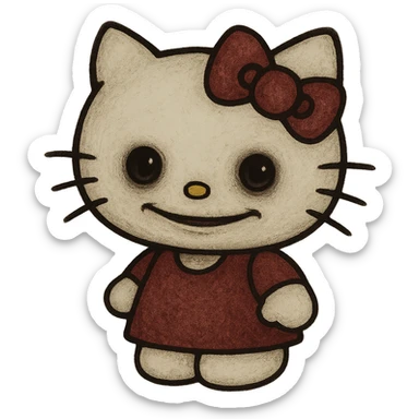 uncanny Hello Kitty with unsettling and slightly eerie expression, cute but off-putting style sticker