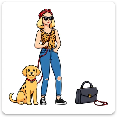 stylish woman in leopard print sleeveless top, flared jeans, sunglasses, black bag, squatting next to happy golden retriever with red bandana and blue leash, urban brick wall background, side angle sticker