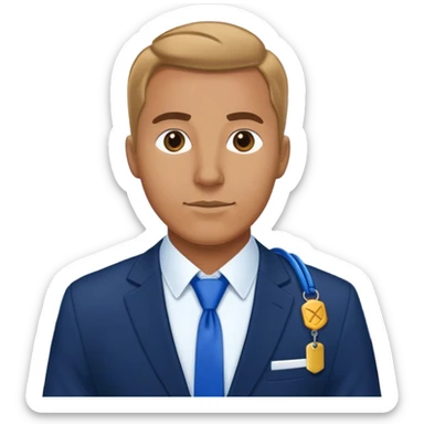 Man in an office in a navy blue suit wearing a blue lanyard around his neck sticker