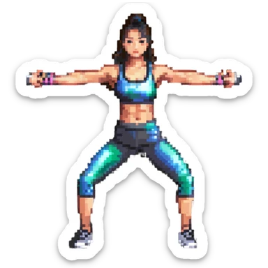 Asian woman doing a routine workout, energetic, fitness attire, gym background sticker