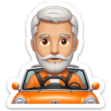 Grey haired bearded man driving an orange Mini Cooper sticker
