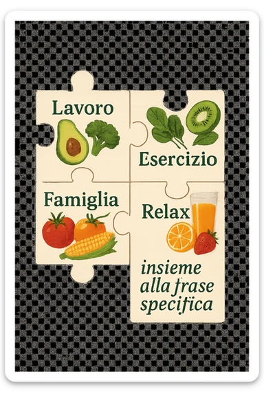 Puzzle (Lavoro, Esercizio, Famiglia, Relax), and healthy foods insieme alla frase specifica are integrated into each piece. in italiano sticker