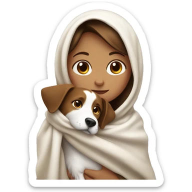 Brown haired girl, wrapped up in a blanket. Holding a brown and white dog. sticker