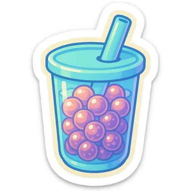 Add even more semi-transparent tapioca pearls to the pastel blue bubble tea cup, making each pearl soft, glossy, and showing clear shadows and highlights for a dimensional look. The pearls should overlap and have visible light reflections, keeping the overall cute retro sticker style. Do not change the cup or straw. sticker