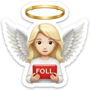 "An angel emoji with blonde hair, a halo, wings, holding a 'COMPARTILHAR' sign in bold letters." sticker