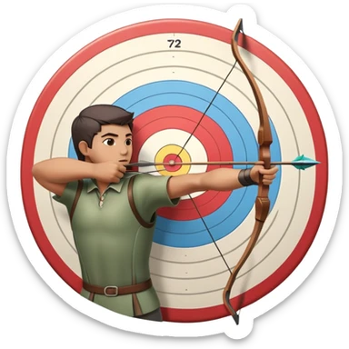 An archer drawing a bow and aiming an arrow at a target, with perfect focus and precision. The target is visible in the background, featuring concentric rings. The scene captures the concentration and skill involved in archery, emphasizing the elegance and accuracy of the sport. sticker