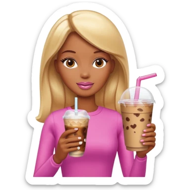 Brown skin blonde hair Barbie drinking iced coffee sticker