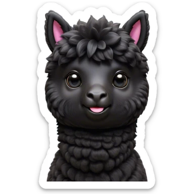 Cinematic Cute Black Alpaca Portrait Emoji, Head tilted playfully and inquisitively, featuring a plush, shiny jet-black fleece with a lustrous sheen, round, sparkling dark eyes filled with curiosity, Simplified yet irresistibly adorable features, highly detailed, glowing with a warm, friendly glow, high shine, affectionate and gentle, stylized with a touch of whimsy, bright and endearing, soft glowing outline, capturing the essence of a mischievous yet loving alpaca, so playful it feels like it could prance out of the screen and into your arms! sticker