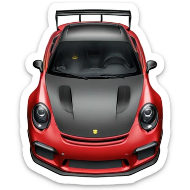 GT3RS in Royale red with a black hood, blue spoilers, black text, black rims, and yellow headlights, sticker