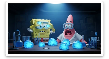 3D cienmatic cartoon shot, spongebob and patric dress in safety glasses and safe white outfit, the are standing front of table with blue crystals on table glowing (light source) science room in basement, back light, Cinema 4d render, proffesional lightning, blue colors sticker