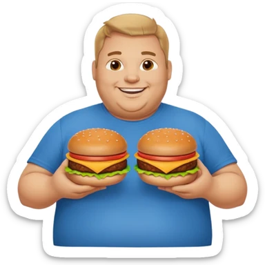 A very fat guy in an Alex Zero T-shirt, holding burgers, gives a like. sticker