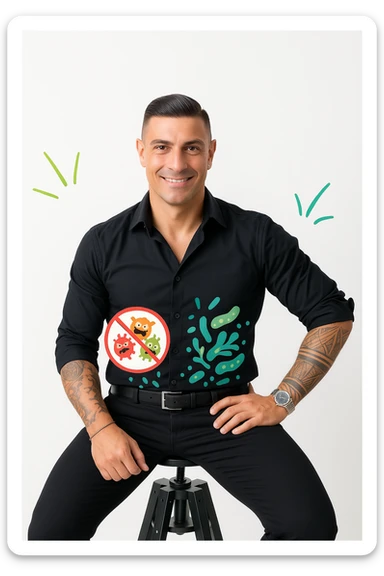 Verticale: uomo sorridente, zona addominale evidenziata con simboli che rappresentano l’eliminazione di parassiti (piccoli mostriciattoli che escono) e la rinascita della flora microbica intestinale (batteri buoni stilizzati, colori verdi e blu), atmosfera di salute e pulizia. sticker