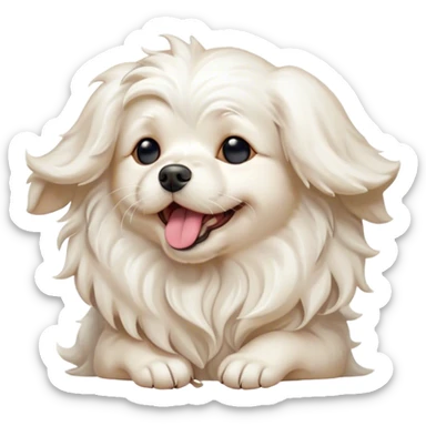 Cinematic Cute Yawning Wavy-Haired Maltese dog Portrait Emoji, Head tilted slightly with a dramatic, wide-open yawn, showcasing a lustrous, wavy-haired white coat with gentle highlights, floppy ears slightly drooping, round dark eyes barely open in drowsy contentment, Simplified yet irresistibly adorable features, highly detailed, glowing with a soft, cozy glow, high shine, relaxed yet expressive, stylized with a touch of whimsy, bright and endearing, soft glowing outline, capturing the essence of a sleepy yet affectionate companion, so drowsy it feels like it could stretch right out of the screen and curl up for a nap! sticker